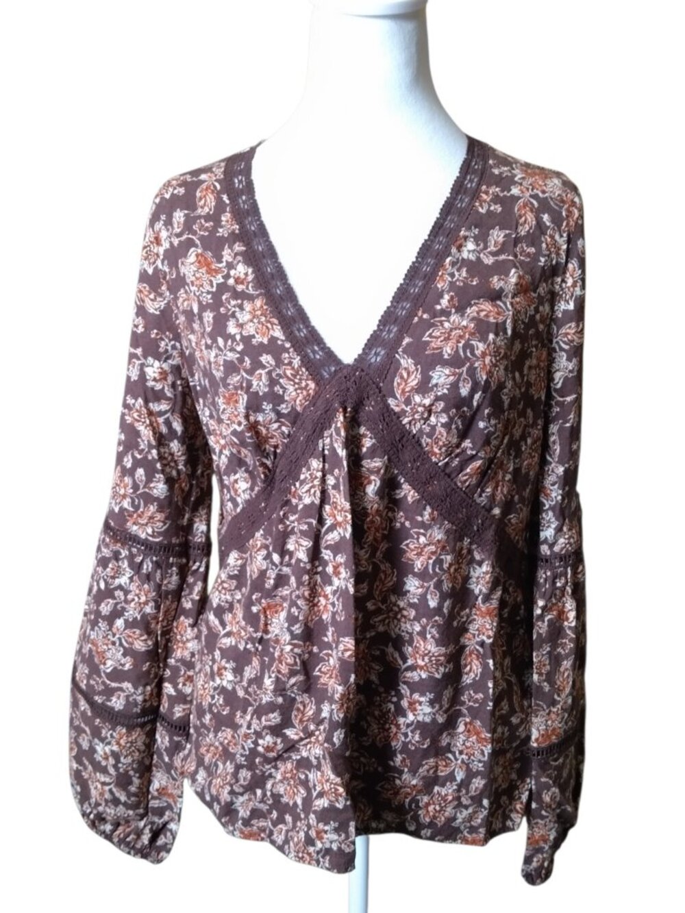 SO Brown Floral V-Neck Babydoll Blouse Crochet Balloon Sleeve Boho Peasant Top